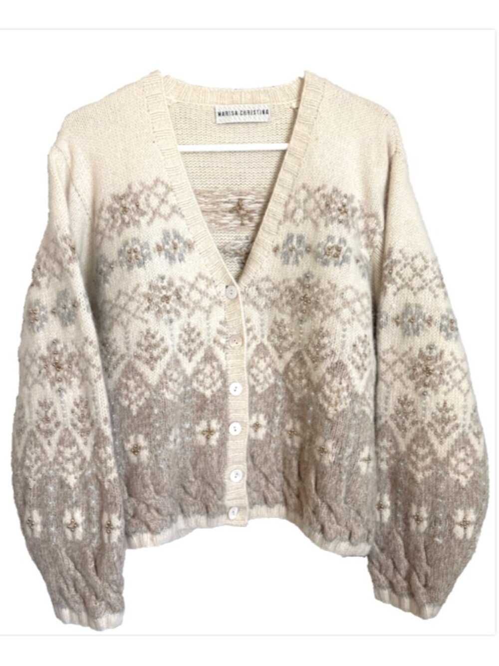 Marisa Christina Beige Knit Beaded Christmas Cardigan Sweater Lambs Wool Medium